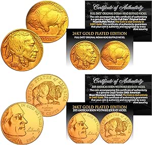 Then & Now Buffalo 5-Cent 24K Gold Plated 2-Coin Set - 1930s & 2005 Nickels BOGO