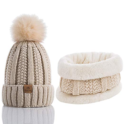 PAGE ONE Womens Winter Thick Cable Knit Beanie Faux Fur Pom Hat Fleece Lined Skull Cap