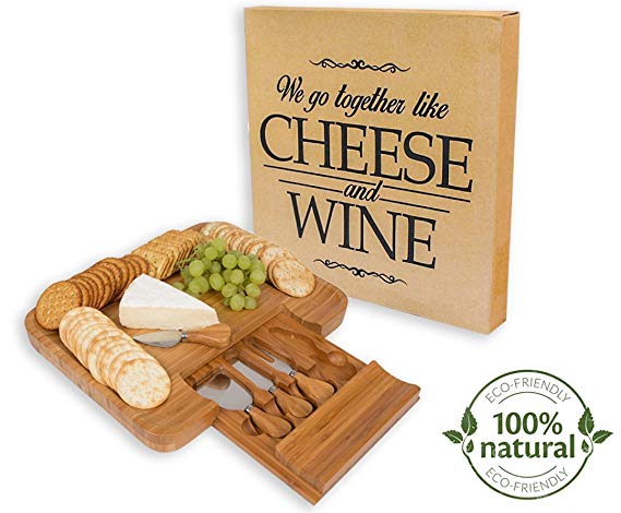 Caddia Co 100% NATURAL BAMBOO Cheese Board with Hidden Slide Out Drawer and a Stainless Steel Cutlery Knife Set Perfect For Housewarming Gift Ideas, Wedding, Birthday Gifts, Fathers Day, Mom or Dad