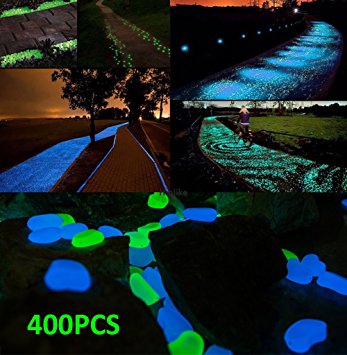 Hmlike 400 pcs 2.8lb Fish Tank Pebbles, Luminous Stones Glow in the Dark Stones Pebbles Garden Decor for Garden Pass, Walkway, Yard Grass- Indoor Outdoor DIY Decorative Gravel Blue Green
