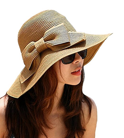 Aisa Women's Foldable Bowknot Floppy Straw Sun Hat Wide Brim Beach Sun Visor Hat Cap