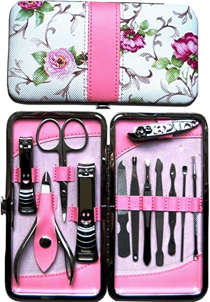 French Manicure Pedicure Tools Set by Drs ProChoice, Nail Clippers and Grooming Kit, Stainless Steel Beauty Care Tools, 12 in 1 with Beautiful Rose Case.