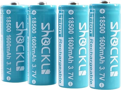 funkawa 18500 3.7V Rechargeable Batteries, Shockli 18500 3.7V Li-ion 1600mAh Rechargeable Battery with Button top- (4 Pack)
