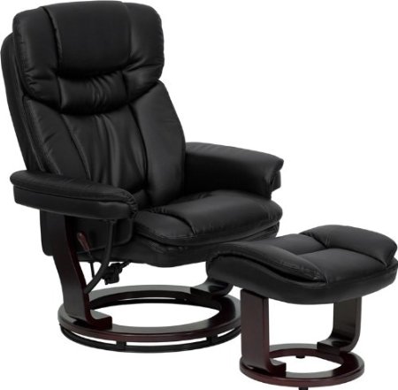 Flash Furniture Contemporary Black Leather Recliner and Ottoman with Swiveling Mahogany Wood Base