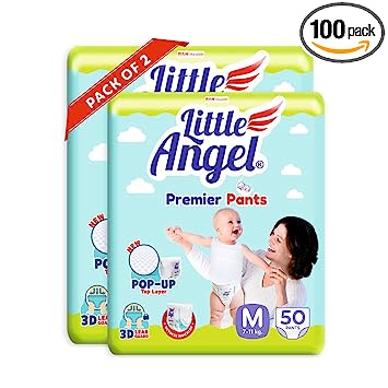 Little Angel Premier Pants Baby Diapers, Medium (M) Size, 100 Count, Combo Pack of 2, 50 Count/pack with Wetness Indicator, 7-11 Kg