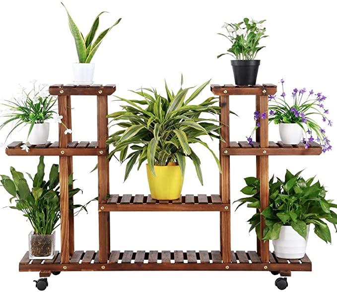 Yaheetech 4-Layer Wooden Flower Stands Rolling Flower Plant Display Shelf Storage Rack Ladder Stand Rack Corner Plant Stand Living Room Balcony Patio Yard Outdoor Indoor Ample 12 Pots Brown