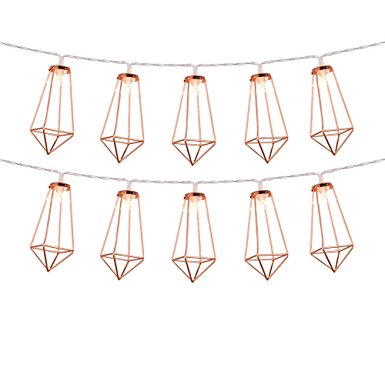 Rose Gold Geometric Boho LED Fairy Lights Battery Powered Metal Cage Lantern String Lights For Home Bedroom Wedding Party Indoor Patio Camping Xmas Valentine's Décor,10 Leds Warm White,5 Ft/1.8m