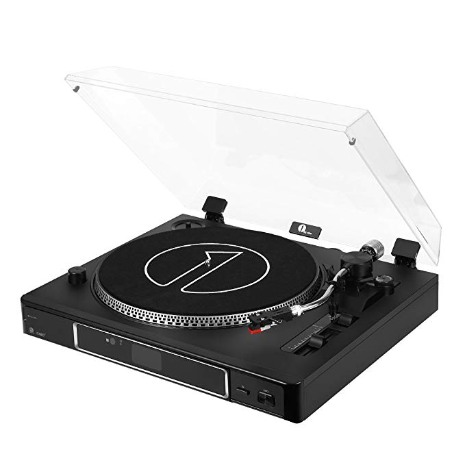 1byone 3-Speed Semi-Automatically Belt-Driven Turntable with Magnetic Phono Cartridge, Adjustable Counterweight, USB Vinyl to MP3 Record Player