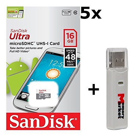 5 PACK - SanDisk Ultra 16GB UHS-I Class 10 MicroSDHC Memory Card Up to 48mb/s SDSQUNB-016G LOT OF 5 with USB 2.0 dual slot MicroSD & SD Memory Card Reader