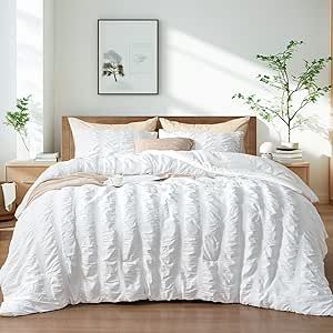 PHF Soft Seersucker Comforter Set Queen Size, 3 Pieces Lightweight White Bedding Set for All Season, Breathable Comforter Sets with 1 Comforter and 2 Pillowcases