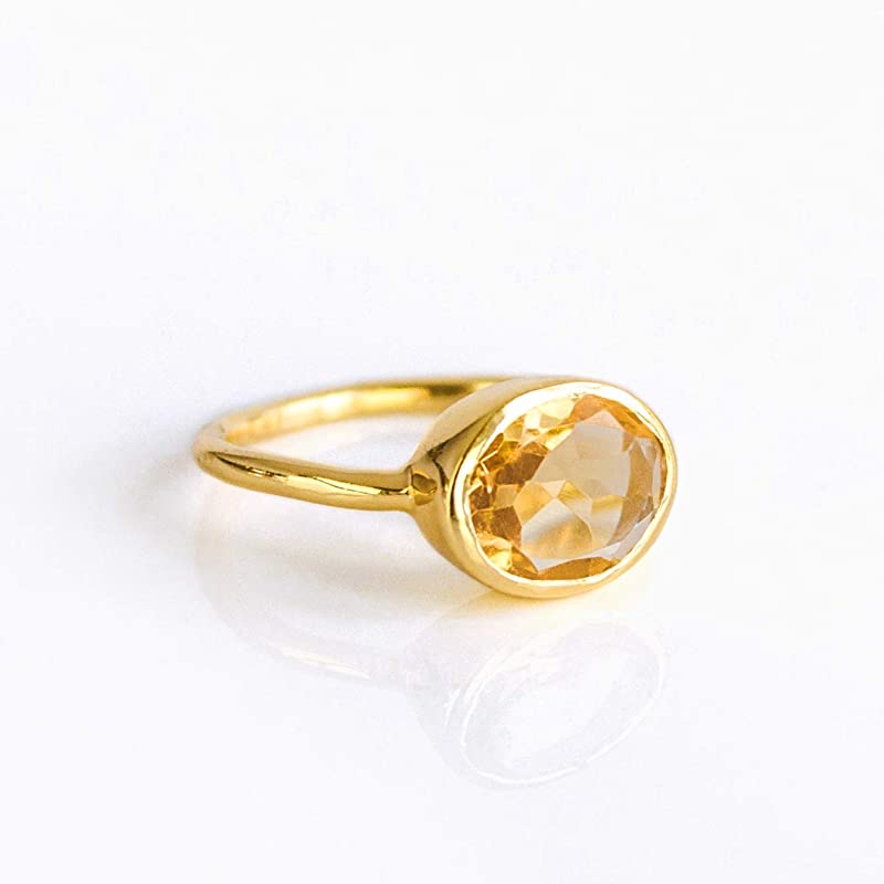 Oval Champagne Citrine Quartz Ring Bezel Set in Sterling Silver or Vermeil Gold, November Birthstone Ring
