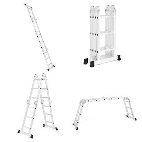 VonHaus Multi-Purpose Aluminium Ladder 3.5m - EN131 Standard - Scaffold Function - Non-Slip Feet & Stabiliser Bar