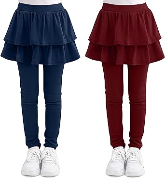 Cooraby 2 Pack Girls Leggings with Skirt Cotton Ruffle Skirt Leggings Tutu Pants Footless Tights Pant for Kids for 4-10 Years