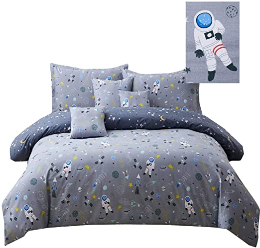 Brandream Kids Bedding Sets Twin Size Outer Space Themed Boys Astronaut Bedding Gray 100% Cotton Duvet Cover Sets Reversible Zipper Closure