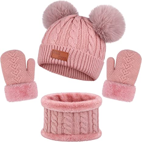 Cooraby Toddler Winter Knitted Hat Scarf Gloves Set Knit Fleece Lined Thermal Set for Boys Girls