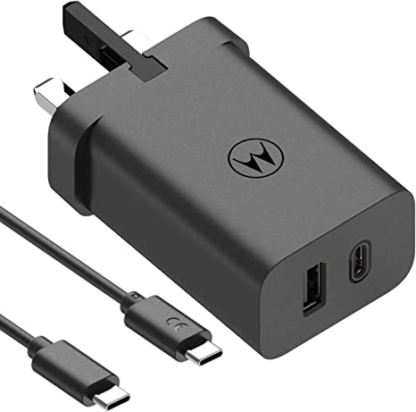 Motorola Original- TurboPower Dual Port 50W USB-PD and QC3.0 Mains Wall Charger/Power Adapter with 1m USB-C to USB-C cable in original packaging.