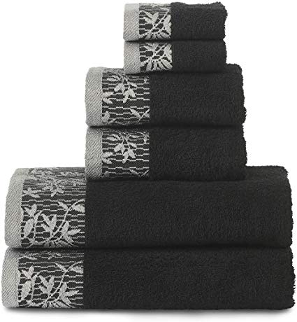 Superior Wisteria 100% Cotton Towel Set, 6 Piece, Black