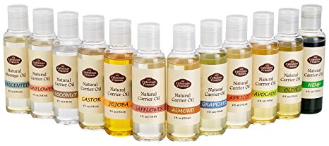 100% Pure Carrier Oil VARIETY 12/4oz Bottles Apricot Kernal, Avocado, Castor, Coconut, Grapeseed, Hemp Oil, Jojoba, Olive, Safflower, Sunflower, Sweet Almond, Unscented Massage Oil by Fabulous Frannie