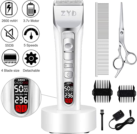 ZYD Dog Clippers for Small Dogs, Cordless Dog Hair Clippers Upgraded 7000rpm 55ddb 2600mah Professional Pet Grooming Clippers with Comb Guides Scissors for Small Middle Large Dogs Cats Pets