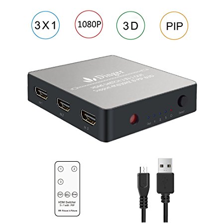 HDMI Switch, Dinger 3 Port HDMI Switch, HDMI Switches with PIP include IR Wireless Remote Control, HDMI Port Switcher Hub Support 4K 1080P 3D for Blu-ray, Roku, PS4, Xbox One, Laptop and DVD players
