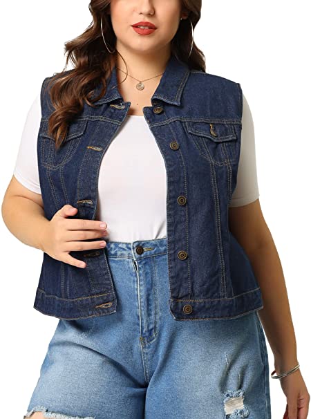 uxcell Women's Plus Size Buttons Denim Vest with Two Chest Flap Pockets Jackets