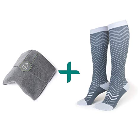 Trtl Pillow Socks Bundle - Scientifically Proven Super Soft Neck Support Travel Pillow Compression Socks (Grey Pillow & Seattle Socks Size Small)