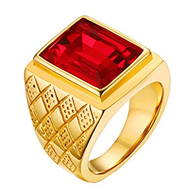 ALEXTINA Men's Stainless Steel Gold Plated Gemstone Ring Emerald Cut