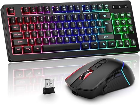 BlueFinger Wireless Gaming Keyboard and Mouse Combo, Long Lasting Rechargeable Battery 87 Keys RGB Rainbow Backlit Gaming Keyboard & Ergonomic Light Up Gaming Mice for Mac Laptop Computer PC Gamer