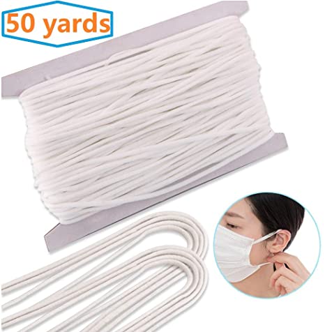 1/8 Inch Elastic Band for Earloop Cord 50 Yards Elastic String, White Braided Elastic Strap Ear Loop Cord Stretchy Ear Tie Rope Handmade String for Sewing