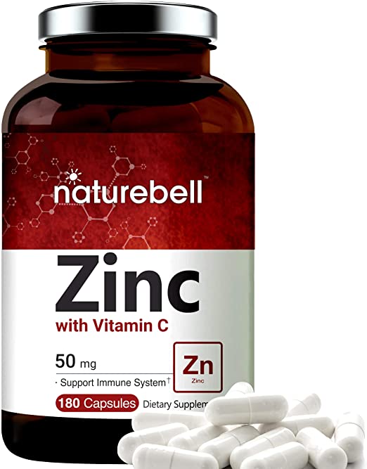 Zinc 50mg (Zinc Supplement with Vitamin C), 180 Capsules, Best Zinc Vitamin and Immune Vitamins to Support Immune System and Antioxidant, Non-GMO and Made in USA