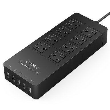 ORICO HPC-8A5U 8 Outlet Surge Protector Power Strip with 5 Port 40W USB Charger for iPhone , iPad,Samsung, HTC-Black