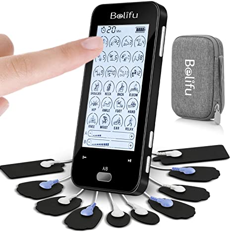 Belifu Dual Channel TENS EMS Unit 24 Modes Muscle Stimulator for Pain Relief Therapy, Electronic Pulse Massager Muscle Massager with 10 Pads, Dust-Proof Drawstring Storage Bag，Fastening Cable Ties…