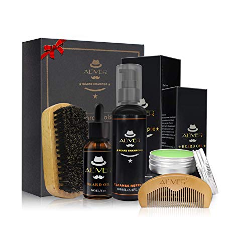 Beard Grooming Kit for Men Care - 100% Organic Unscented Beard Oil, Beard Shampoo, Beard Brush, Wooden Beard Comb, Mustache & Beard Balm Butter Wax Gift Set (5PCS)