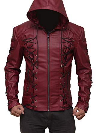 Mens Hooded Leather Jacket - Red Costume Jacket for Men