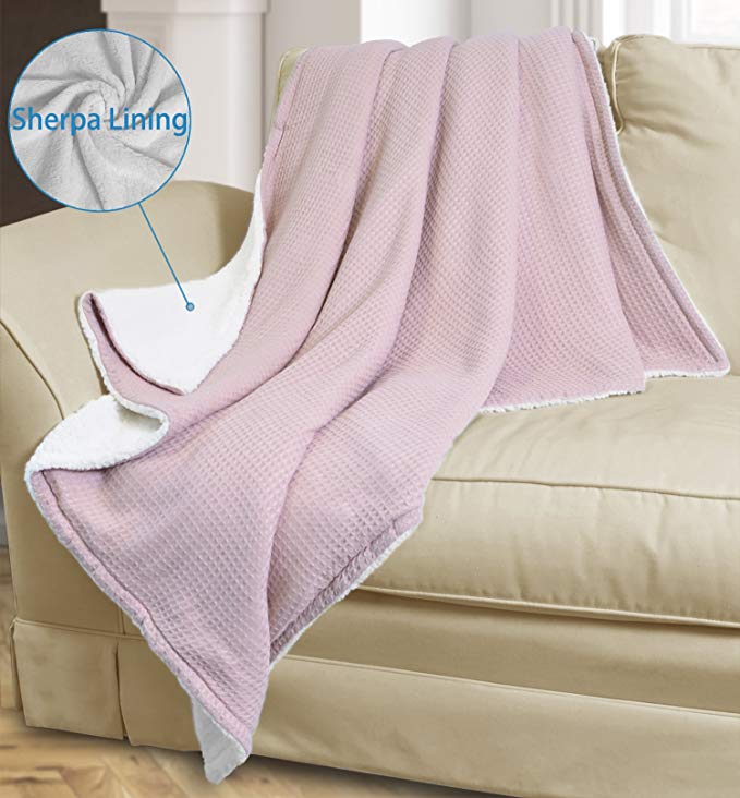 Catalonia Super Soft Sherpa Throws,Reversible Cozy Waffle Pattern Knitted Blanket and Throw for Couch Bed 50"x60" Pink