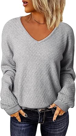 EVALESS Long Sleeve Sweaters for Women Fashion V Neck Waffle Knit Sweater Tops Fall 2024 Outfits Loose Jumper Pullover