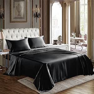 CozyLux Satin Sheets California King Size - 4 Piece Black Bed Sheet Set with Silky Microfiber, 1 Deep Pocket Fitted Sheet, 1 Flat Sheet, and 2 Pillowcases - Smooth and Soft