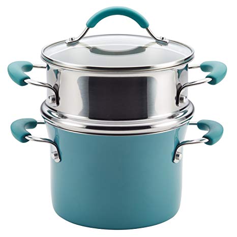 Rachael Ray Cucina Hard Porcelain Enamel Nonstick Multi-Pot/Steamer Set, 3-Quart, Agave Blue