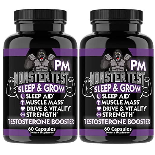 Angry Supplements Monster Test PM Testosterone Booster Plus Sleep Aid, Boost T-Levels w. All Natural Pill Powerful & Potent Ingredient, Boost Energy in Gym   Bedroom Performance (2-Bottles)