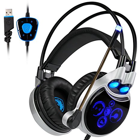 Newest SADES R8 7.1 Channel Virtual USB Surround Stereo Wired PC Gaming Headset Over Ear Headphones with Flexible Mic Revolution Volume Control Noise Canceling Cool LED Light(Black&Blue)