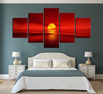 Cao Gen Decor Art-AS52710 5 panel Framed Wall Art Sunset Painting on Canvas