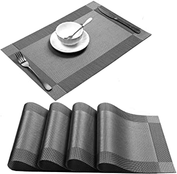 U'Artlines Placemats for Dining Table Quadrangle Cross Woven Vinyl Non-Slip Insulation Placemat Washable Mats Set of 4/6/Runner (4, Silvery Grey)