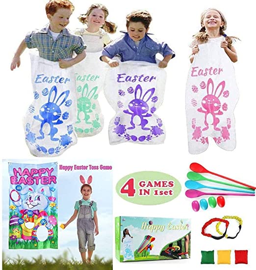 ThinkMax 4 Players Easter Outdoor Games - Potato Sack Race Bags, Legged Relay Race Bands, Egg and Spoon Race and Toss Game