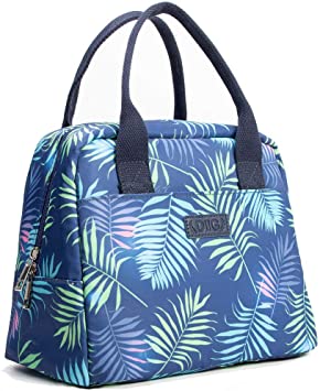 DIIG Lunch Bag for Women, Large Reusable Insulated Lunch Box for Work, Adult Foldable Tote for Office, Freezable Bag with Pocket, Gray / Floral / Flower / Flamingo Printing (114/Leaf)