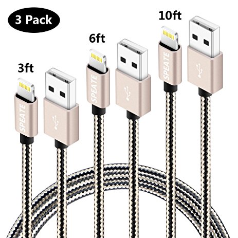 SPEATE USB Charger Cable 3PCS 3FT 6FT 10FT iPhone Lightning Cable Long Nylon Braided Fast Charging USB Extension Data Cable Cord For Apple iPhone 7 7 Plus 6 6s 6s Plus 5 5c 5s SE,iPad,iPod(Black Gold)