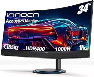 INNOCN 34" Curved Ultrawide Gaming Monitor 3440 x 1440p 165Hz PC Computer Monitor Gamer, USB Type C Power Delivery, HDMI, DP, Built-in 2.1 Stereo Speakers, Charger Pad, Black, 34G1R