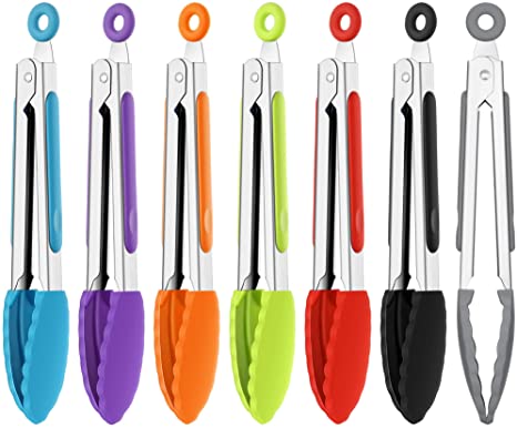 7 Inch Silicone Tongs Mini Kitchen Tongs with Silicone Tips Small Serving Tongs Stainless Steel Cooking Tongs for Salad, Grilling, Frying and Cooking (Red, Black, Green, Blue, Orange, Gray, Purple, 7)