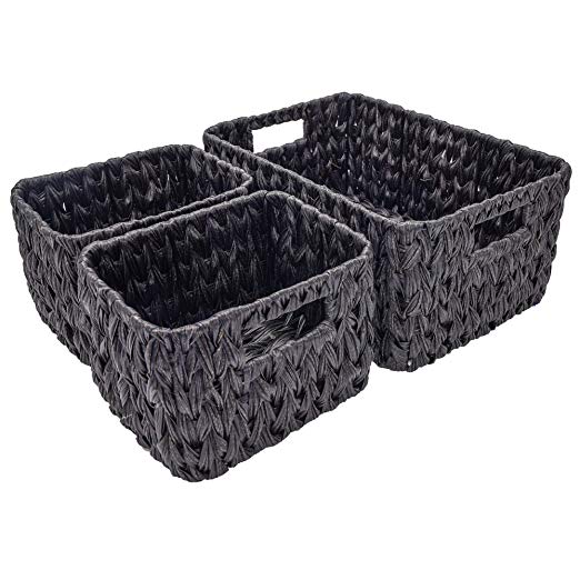 StorageWorks Set of 3 Hand Woven Resin Storage Basket, Wicker Shelf Storage Tote Basket, Black, 14.6 x 10.2 x 6.3 inches