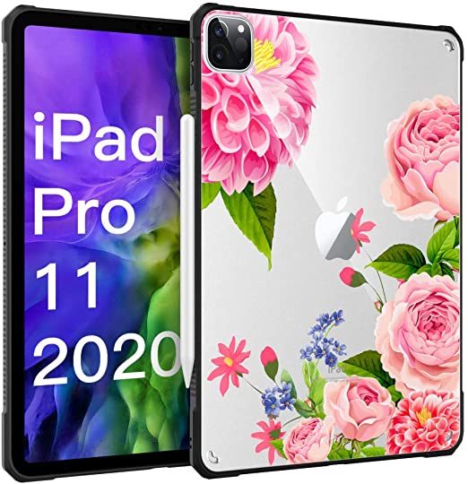 MoKo Case Fit iPad Pro 11" 2018/2020 [Support Apple Pencil 2 Charging] Flexible TPU Air-Pillow Edge Bumper Cushion Combines Ultra Slim Lightweight Transparent Hard PC Back Cover - Blooming Flowers