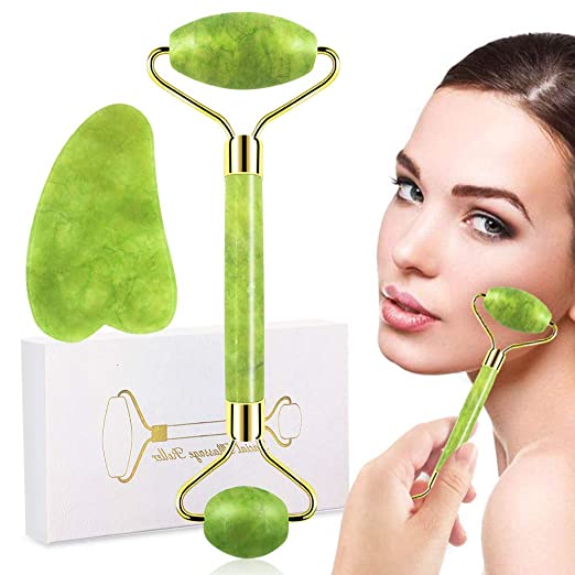 Jade Roller and Gua Sha Scraping Massage Tool -Facial Roller for Wrinkles, Anti Aging Face Eyes Neck Massager- Reduce Wrinkles Aging-100% Real Natural Jade